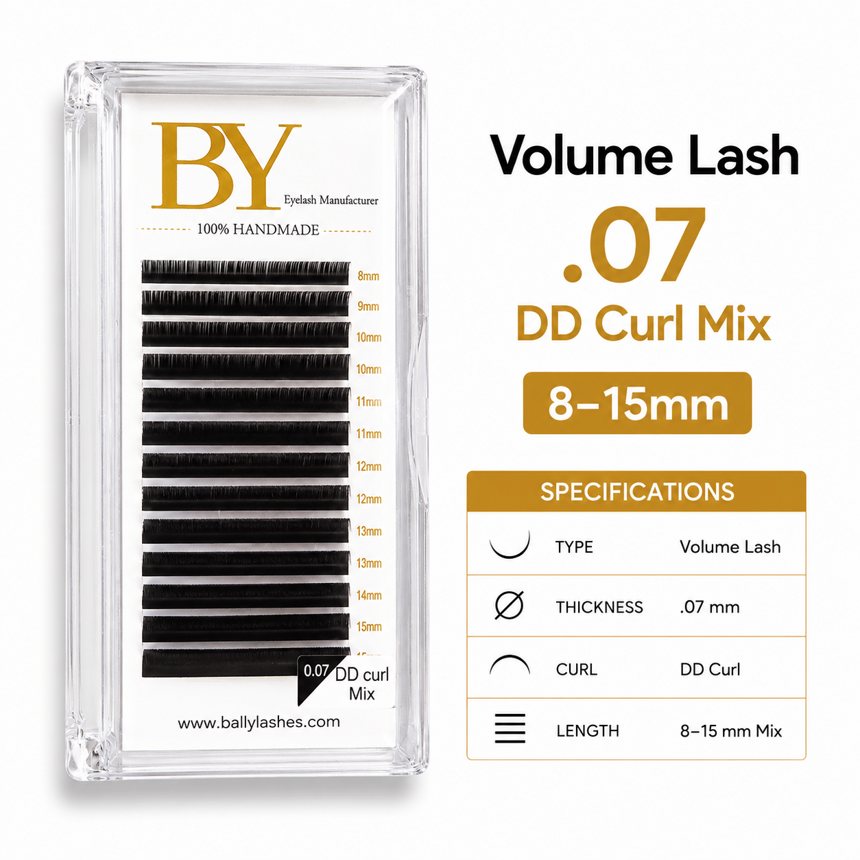 BY Volume Eyelash Extensions .07 DD Curl Mix 8–15mm | Professional Lash Tray