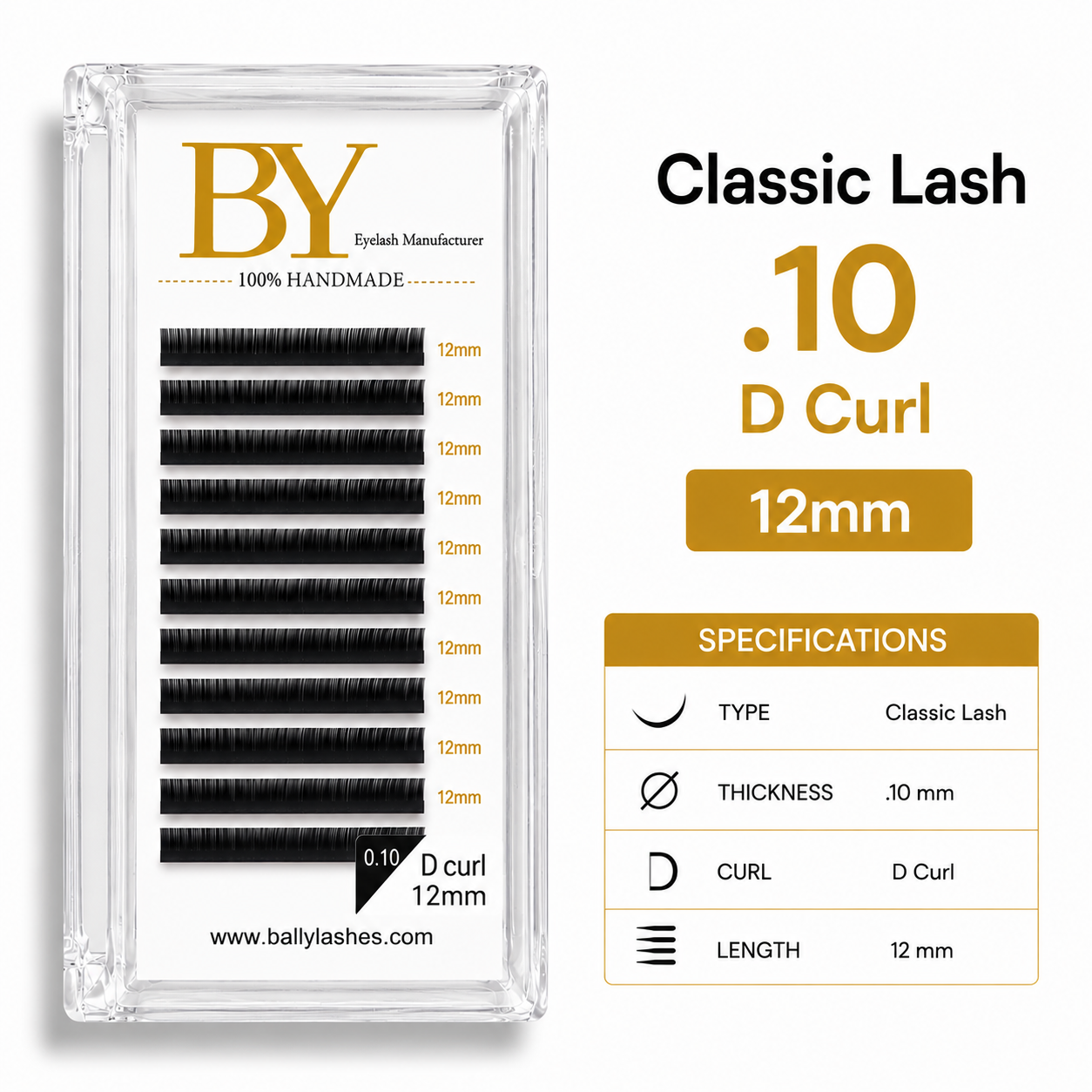 BY Classic Eyelash Extensions .10 D Curl 12mm | Professional Lash Tray