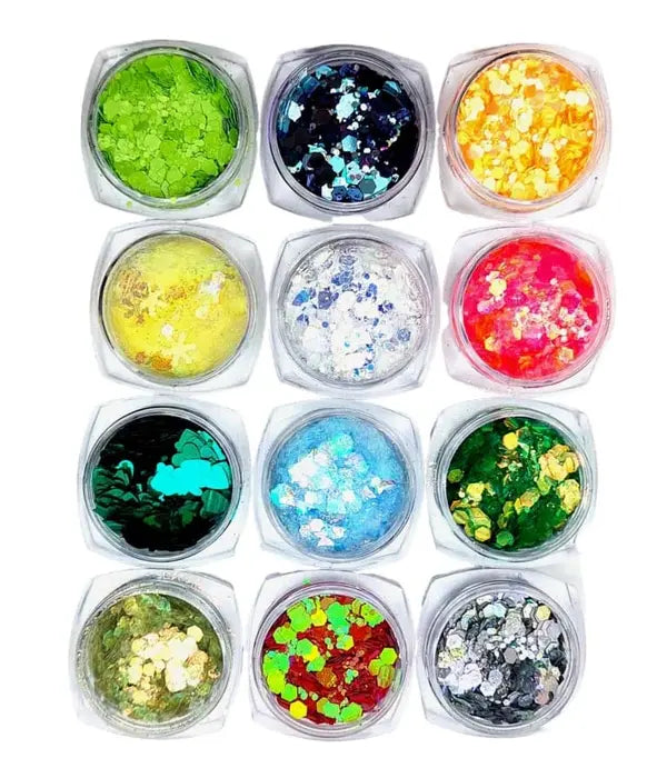 12-Color Iridescent Neon Chunky Glitter Mix Set – Pink Dust Iridescent Shift | Assorted Shapes for Nails