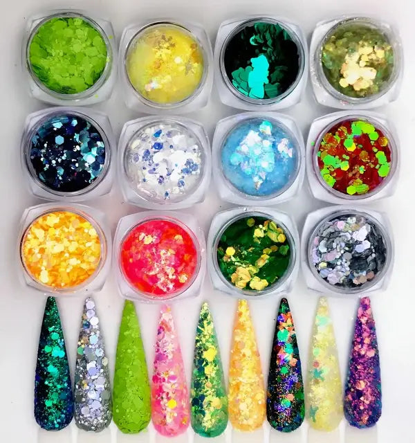 12-Color Iridescent Neon Chunky Glitter Mix Set – Pink Dust Iridescent Shift | Assorted Shapes for Nails