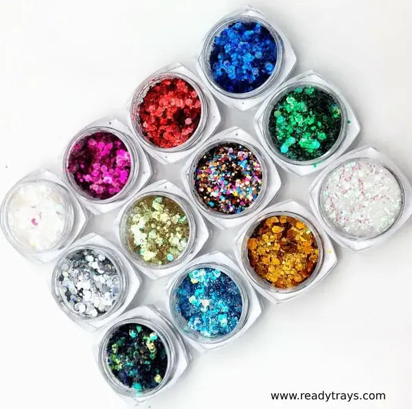 12 Colors Holographic Chunky & Fine Glitter Powder Sequins – Nail Art, Slime, Body, Hair, Eyes & Festival Makeup Decor