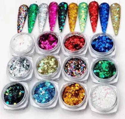 12 Colors Holographic Chunky & Fine Glitter Powder Sequins – Nail Art, Slime, Body, Hair, Eyes & Festival Makeup Decor