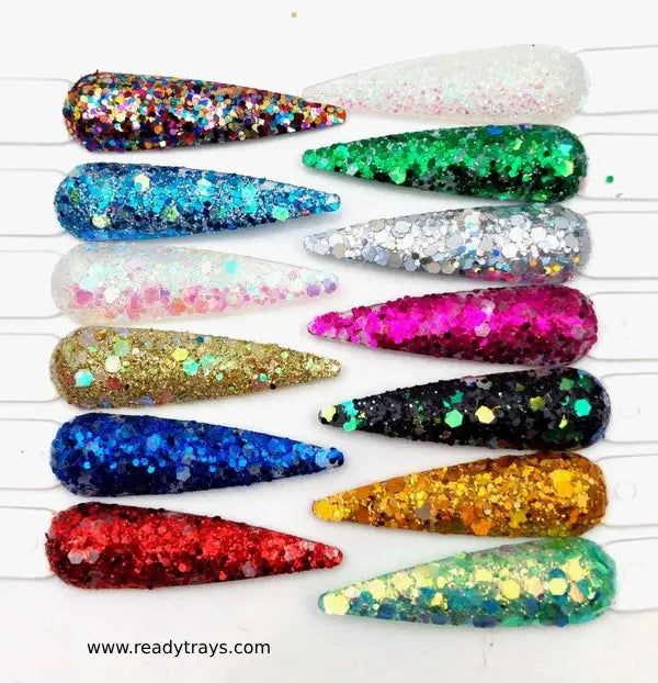 12 Colors Holographic Chunky & Fine Glitter Powder Sequins – Nail Art, Slime, Body, Hair, Eyes & Festival Makeup Decor