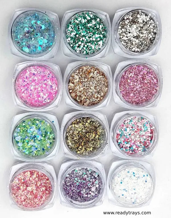12 Jar/Set Shiny Nail Art Glitter Powder – Diamond Chunky Crystal Dust | Nail Glitter Powder for Nail Art Decoration