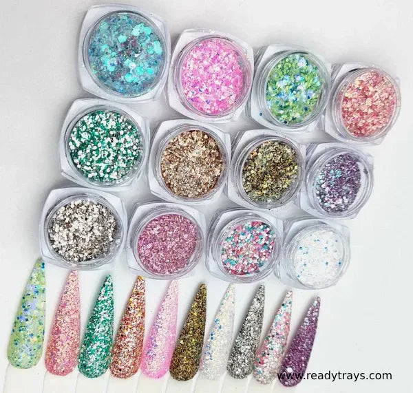 12 Jar/Set Shiny Nail Art Glitter Powder – Diamond Chunky Crystal Dust | Nail Glitter Powder for Nail Art Decoration