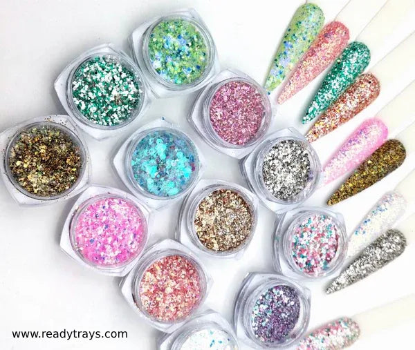 12 Jar/Set Shiny Nail Art Glitter Powder – Diamond Chunky Crystal Dust | Nail Glitter Powder for Nail Art Decoration