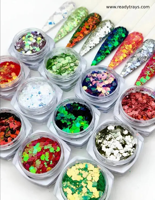 12 Pots Set Nail Art Glitter – Colorful Sequins Chunks, Multi-size Sparkly 3D Flakes for DIY Manicure Decoration