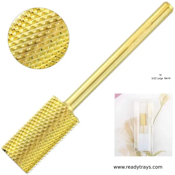 3/32" Shank Size – Gold Flat Top Large Barrel Carbide Nail Drill Bit (Medium Grit) for e-File Nail Drills