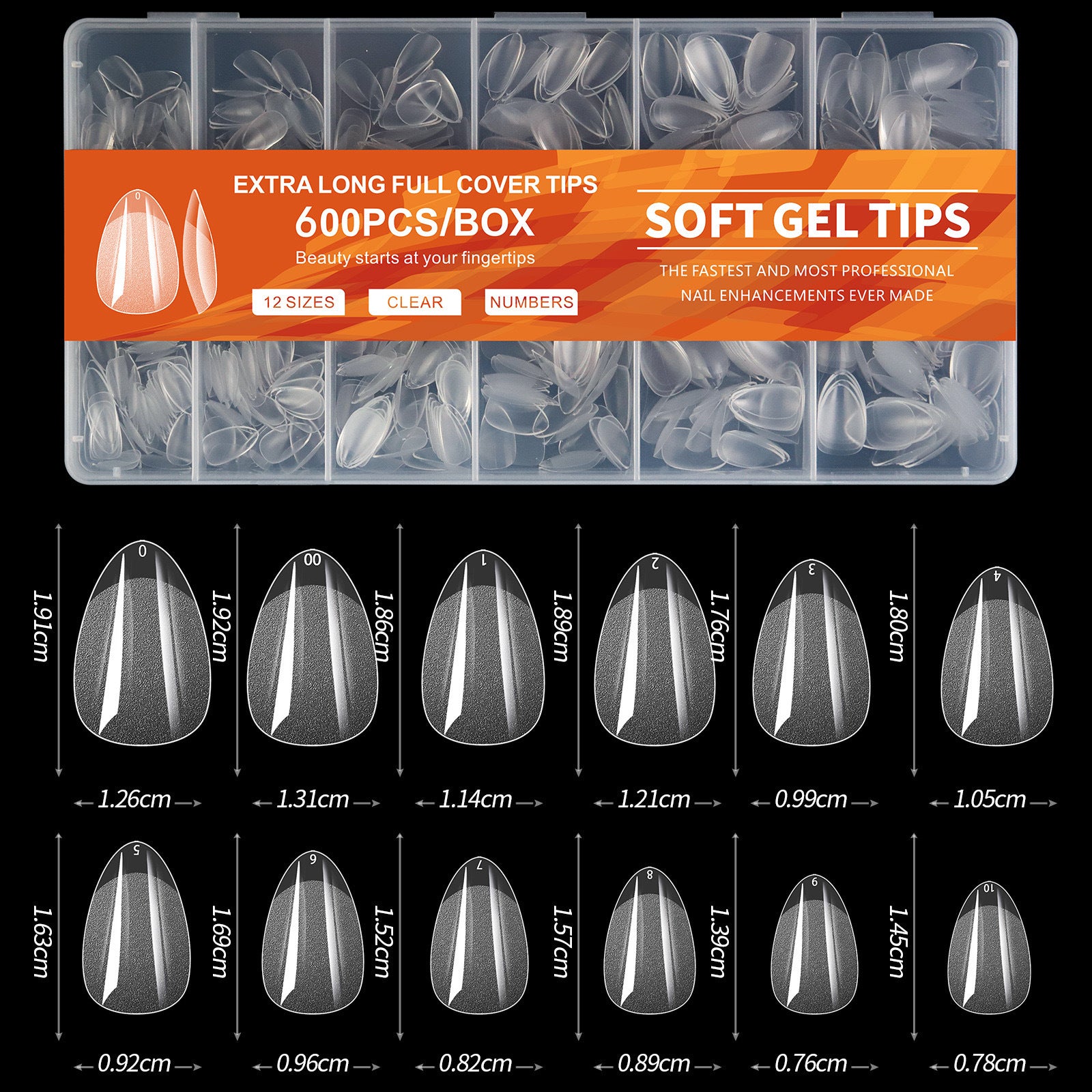 Soft Gel Nail Tips – Short Almond | 600PCS Box | Clear | 12 Sizes