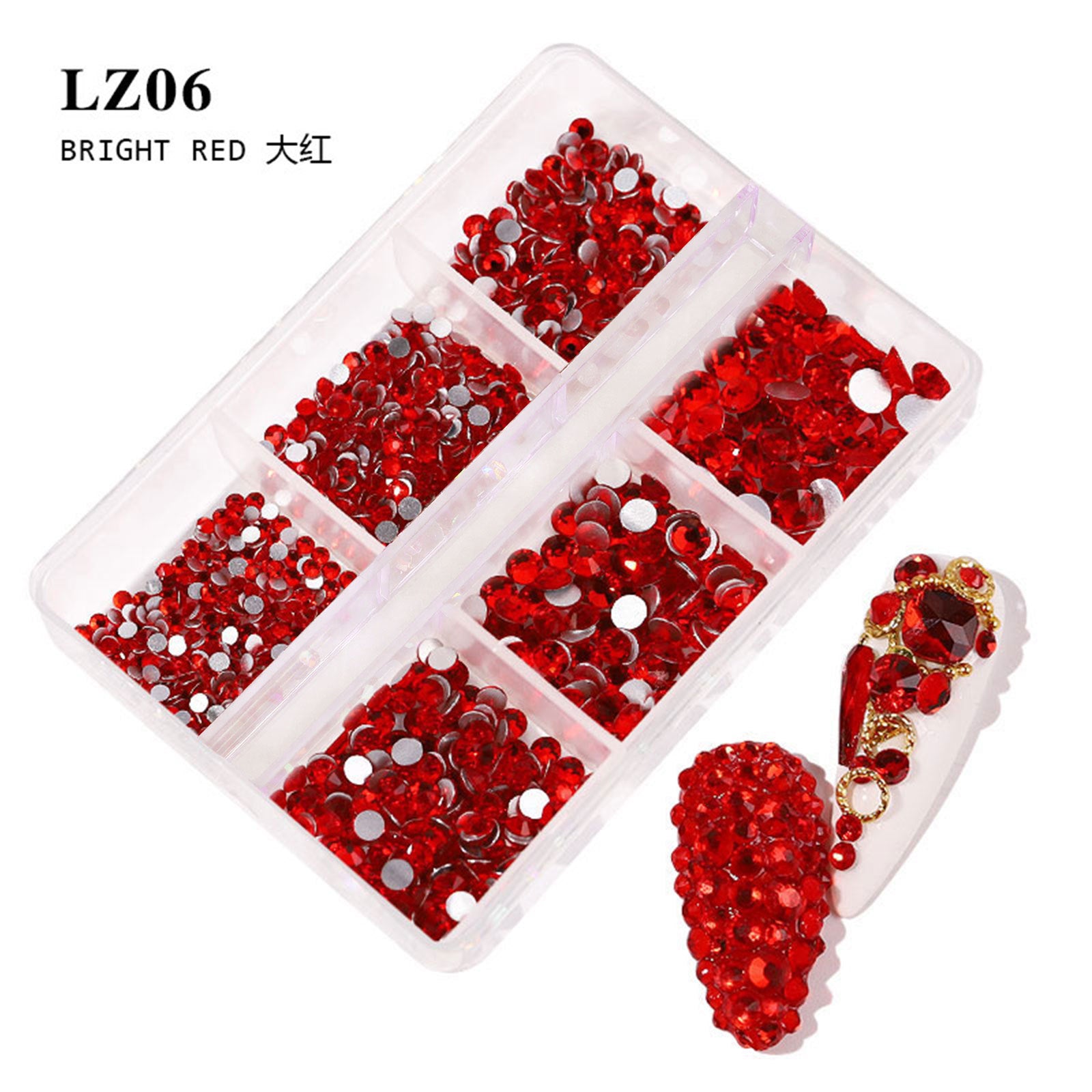 6-Grid Mixed Nail Rhinestones Set – Multi-Size Flat Back Crystal Gems for Nail Art, DIY Crafts & Salon Decoration
