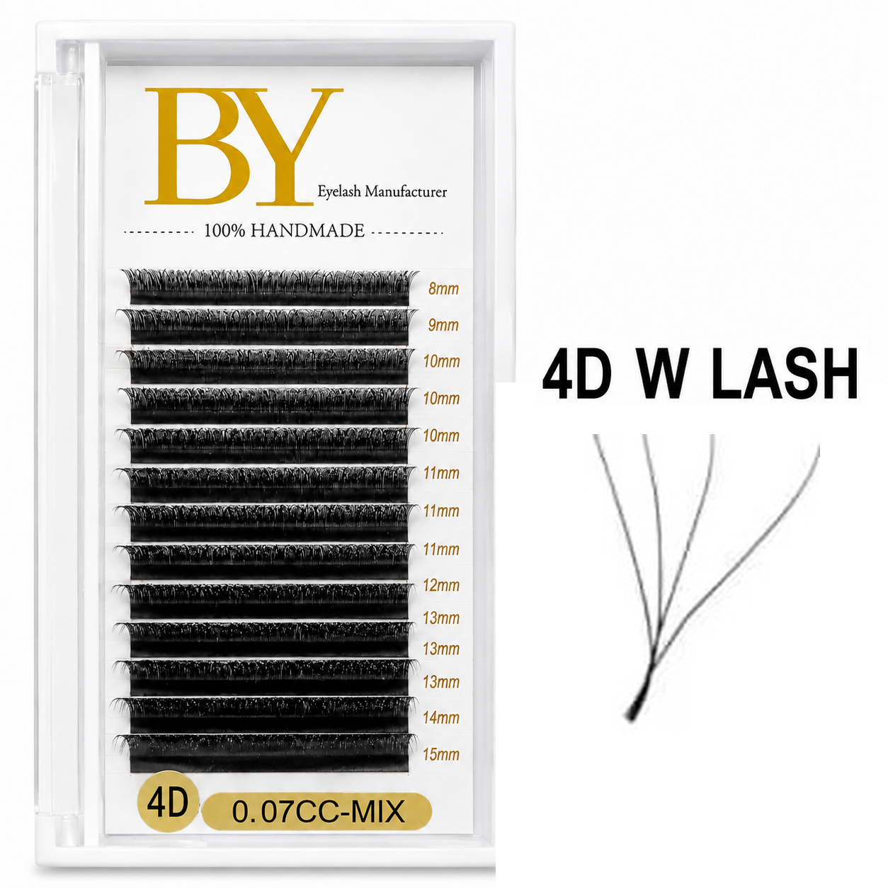 4D W Lash Extensions BY | Premium Handmade Volume Fans | 0.07mm CC Curl Mixed Tray (8-15mm) – Professional Lash Supplies