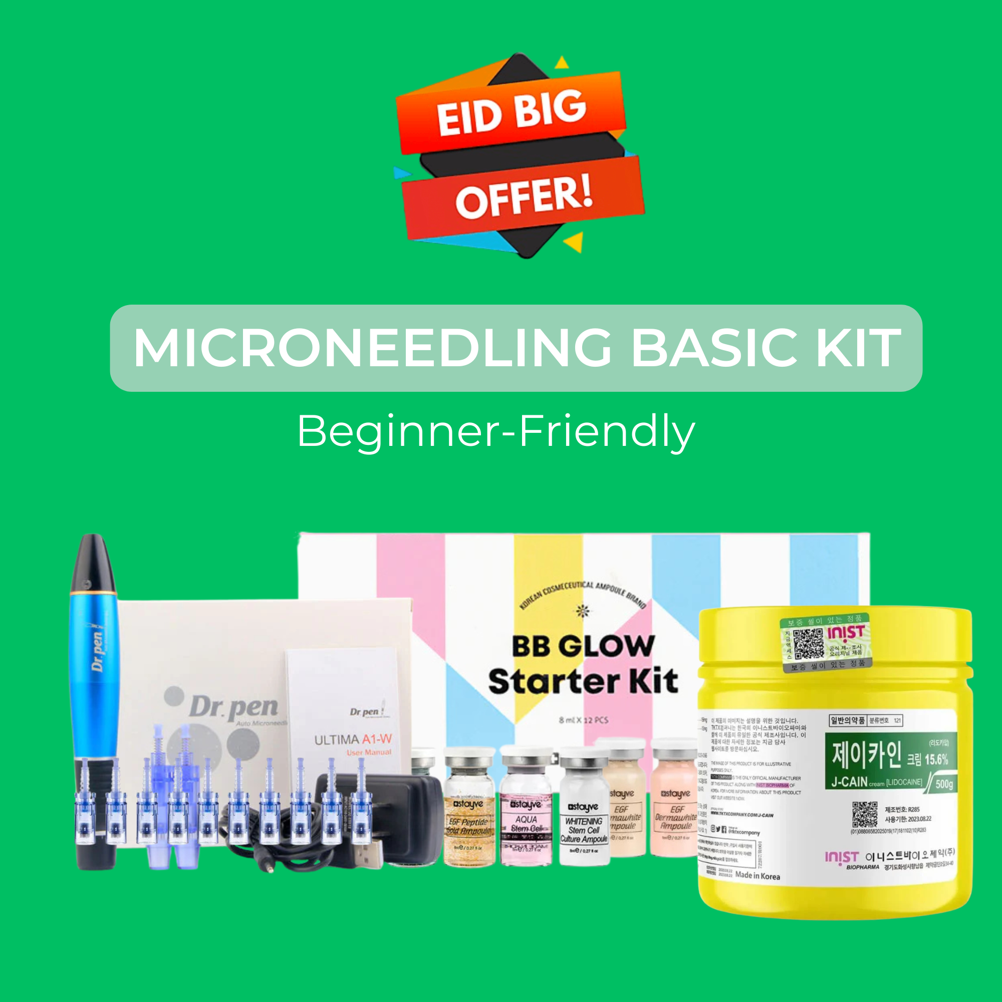 Microneedling Basic Starter Kit – Dr Pen A1W + BB Glow 12pcs + J-Cain 500g Numbing + Needles | Beginner Friendly Set