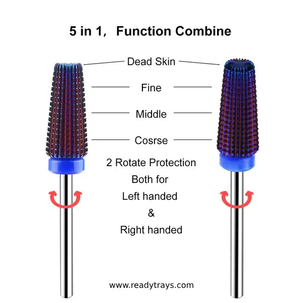 5-in-1 Multi-Functional Tapered Straight Cut Nail Drill Bit – Suitable for Both Left & Right Hand | Professional Tungsten Carbide Bit for Fast Acrylic Gel Removal (Medium Grit, Purple)