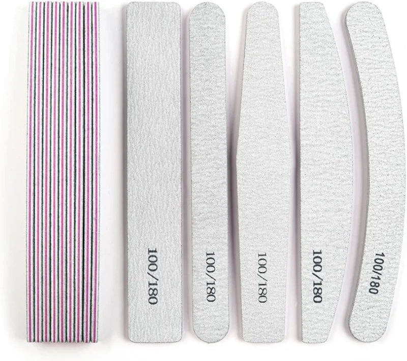 Professional Nail File Set – 5-Piece 100/180 Grit Nail Files | Straight, Half Moon, Banana & Tapered Shapes for Acrylic, Gel & Natural Nails