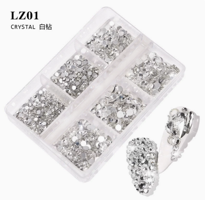 6-Grid Mixed Nail Rhinestones Set – Multi-Size Flat Back Crystal Gems for Nail Art, DIY Crafts & Salon Decoration