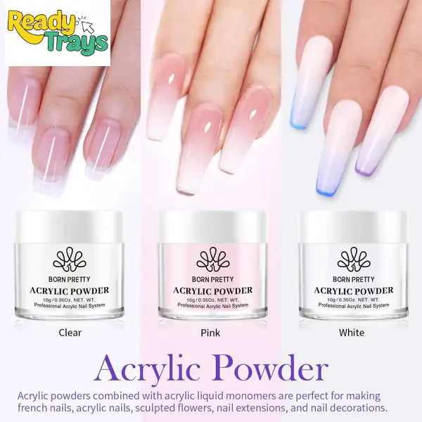 BORN PRETTY Acrylic Powder Set of 3 (10g Each) – Clear, White & Pink for Nail Extensions, Carving & DIY Nail Art
