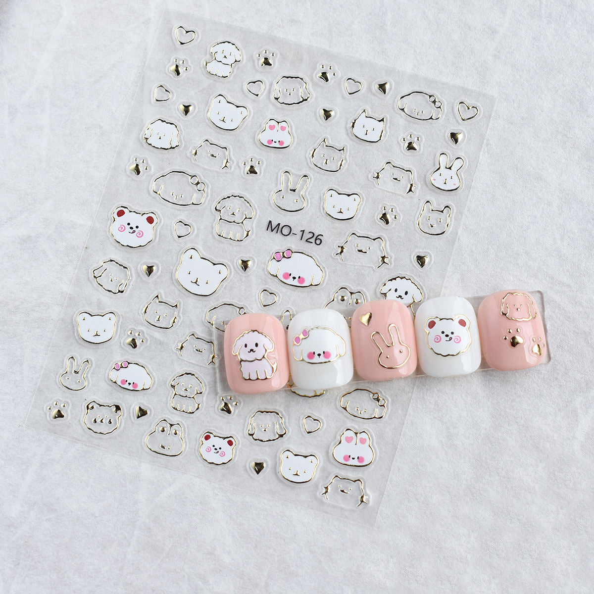 Cute Animal Nail Art Stickers MO-126 โ Puppy, Bunny, Bear & Cat Decals with Gold Outline