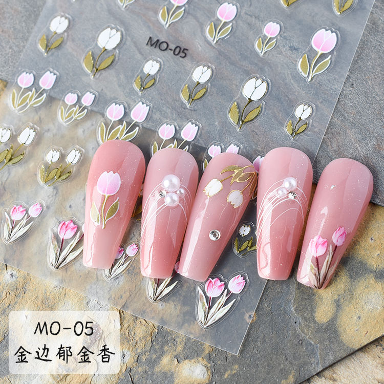 White & Pink Tulip Nail Art Stickers MO-05 โ Gold-Outlined Floral Decals | MOSR Nail Art