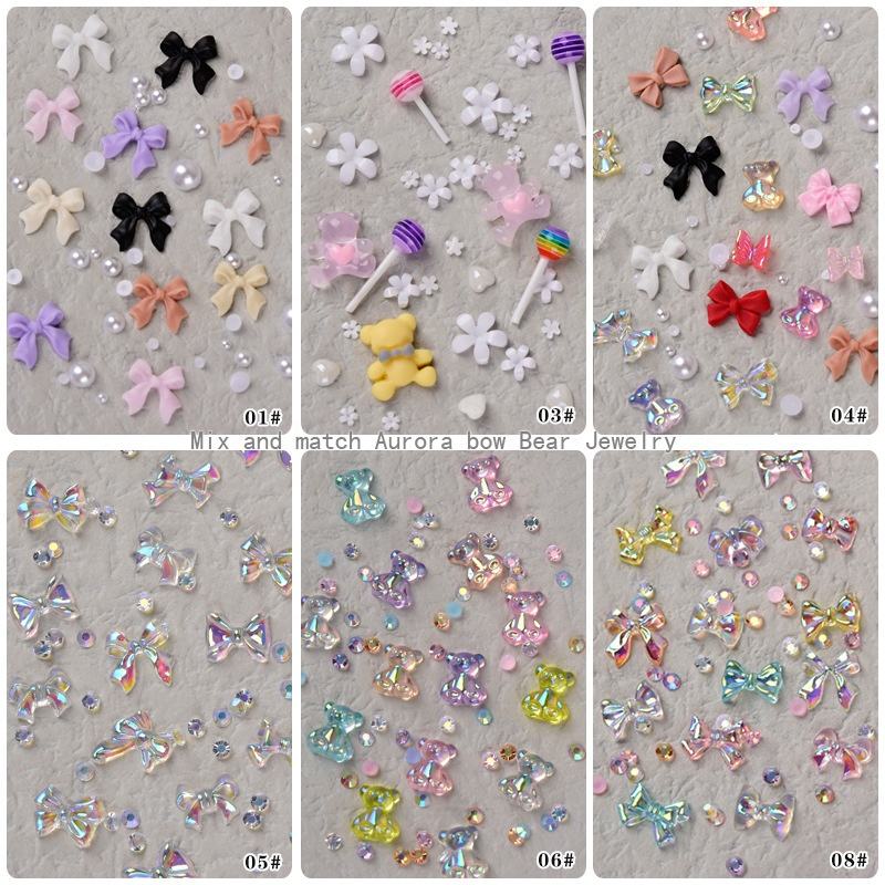 3D Bow Nail Art Charms Wheel | Mixed Color Ribbon Bows & Pearls | 6-Grid Nail Decoration Set – Professional Nail Supplies