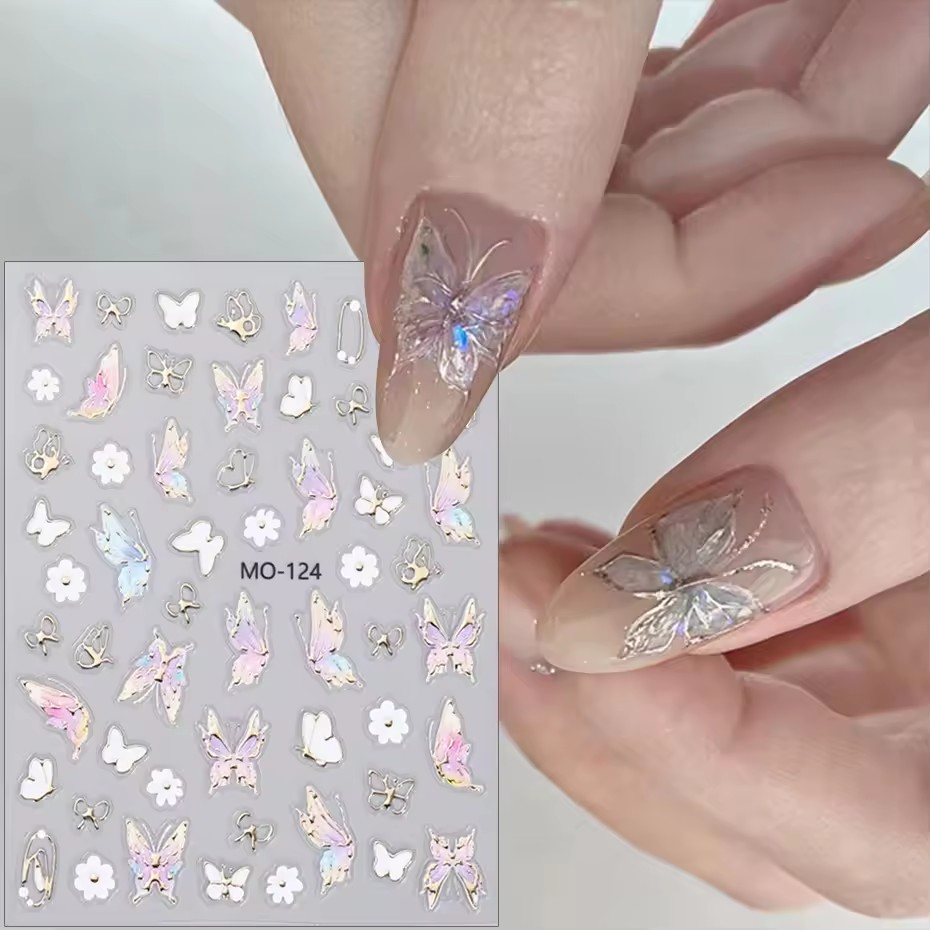 Pastel Watercolor Butterfly & Flower 5D Nail Art Stickers MO-124 โ Iridescent Butterfly Decals with White Daisy Accents