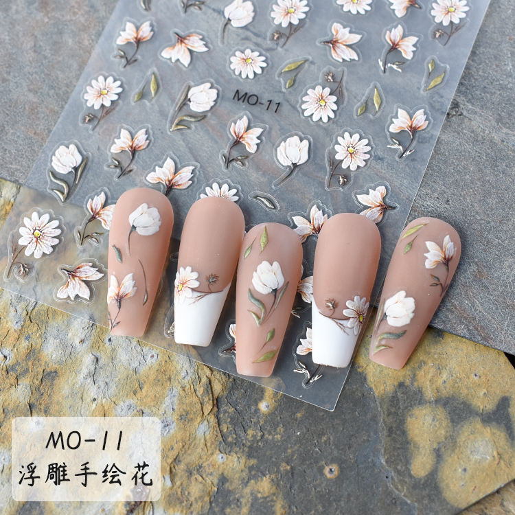 White Floral Nail Art Stickers MO-11 โ Realistic Watercolor Daisy & Tulip Decals