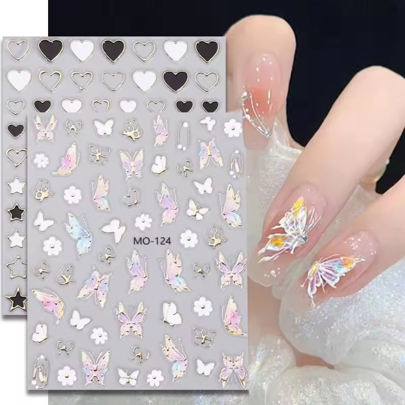 Pastel Watercolor Butterfly & Flower 5D Nail Art Stickers MO-124 โ Iridescent Butterfly Decals with White Daisy Accents