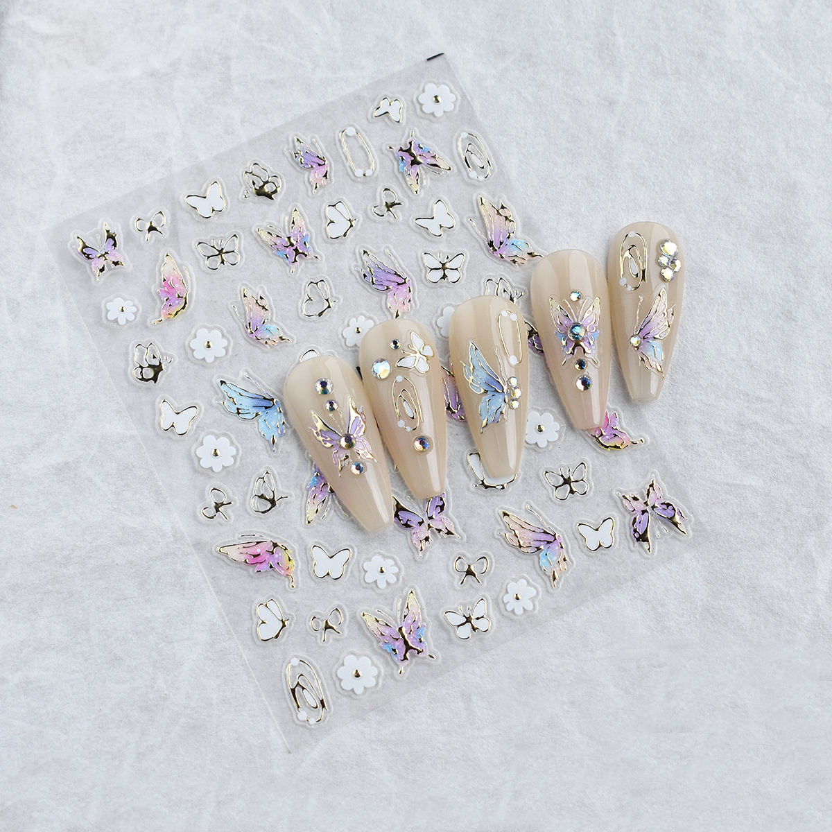 Pastel Watercolor Butterfly & Flower 5D Nail Art Stickers MO-124 โ Iridescent Butterfly Decals with White Daisy Accents