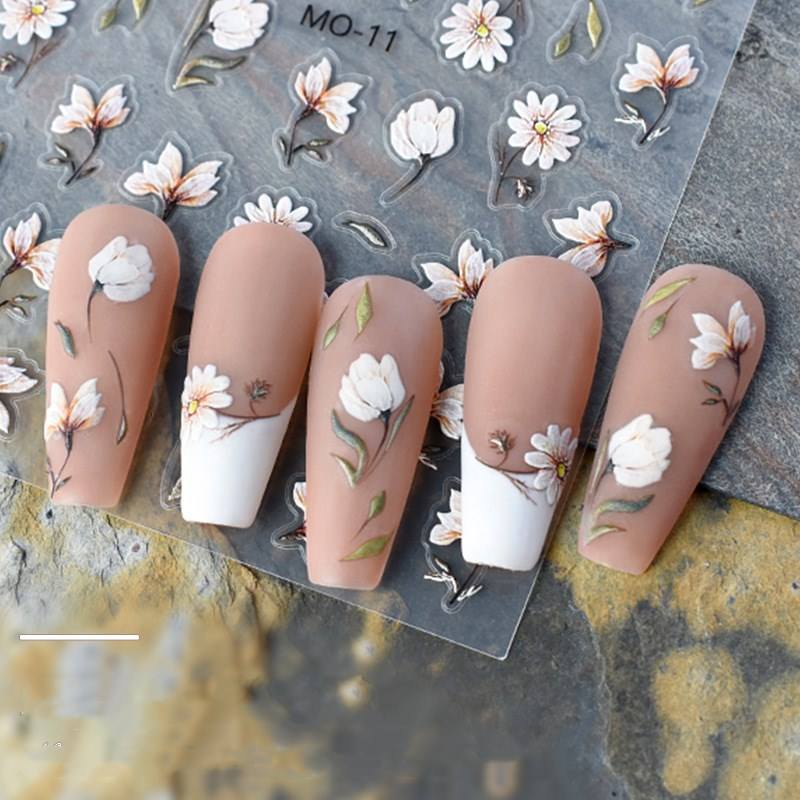 White Floral Nail Art Stickers MO-11 โ Realistic Watercolor Daisy & Tulip Decals