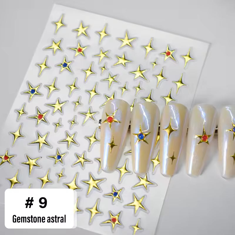 MO-09 Gold Star Sparkle 5D Nail Art Stickers – Metallic Star Decals with Colorful Rhinestone Centers | MOSR Nail Art