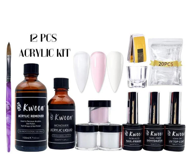 KWEEN 12 PCS Acrylic Nail Kit – Nude, Pink & White Acrylic Powder, Liquid Monomer, Primer & Dehydrator Set with Topcoat, Acrylic Brush, and Nail Forms for Nail Art & Extension