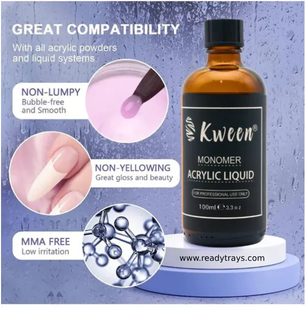 KWEEN Acrylic Liquid Monomer – EMA-Free, Flexible, Non-Yellowing Formula | High-Capacity Nail Art System for Acrylic Powder