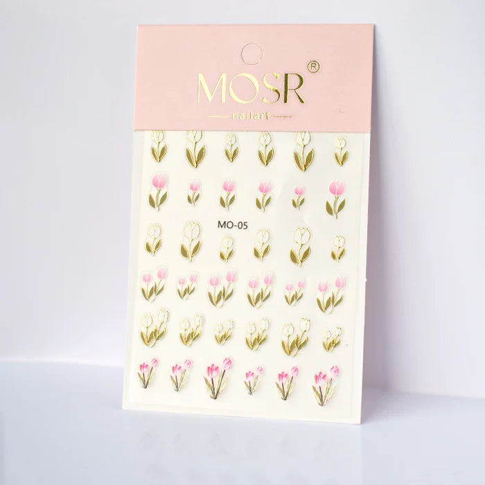 White & Pink Tulip Nail Art Stickers MO-05 โ Gold-Outlined Floral Decals | MOSR Nail Art