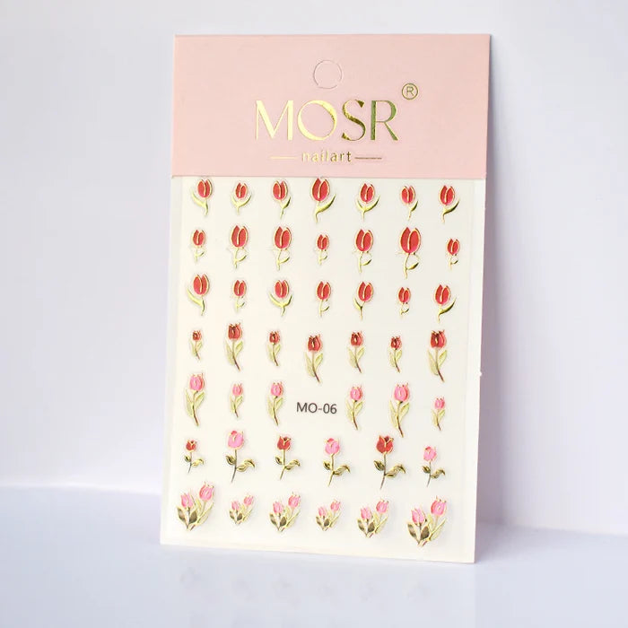 Red & Pink Tulip Nail Art Stickers MO-06– Gold-Outlined Floral Decals | MOSR Nail Art