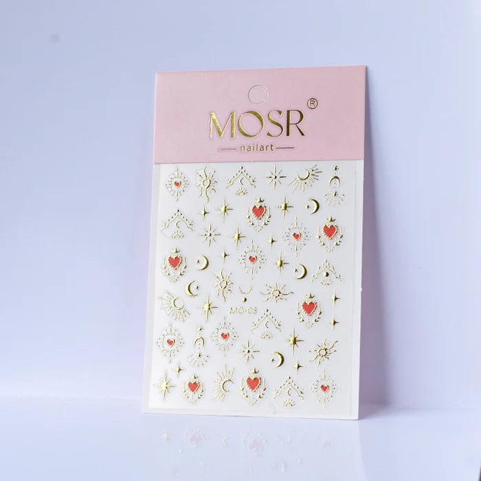 Gold Celestial Heart Nail Art Stickers MO-08 – Sun, Moon & Star Decals with Red Heart Accents | MOSR Nail Art