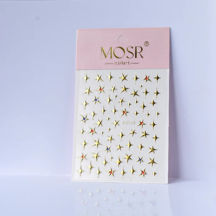 MO-09 Gold Star Sparkle 5D Nail Art Stickers – Metallic Star Decals with Colorful Rhinestone Centers | MOSR Nail Art