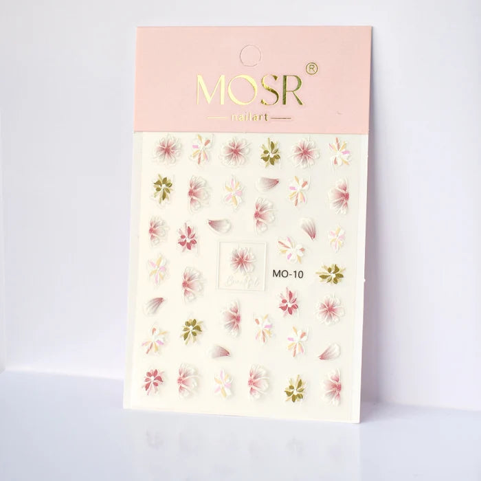 Embossed Hand-Painted Floral 5D Nail Art Stickers MO-10โ White & Pink Flower Decals
