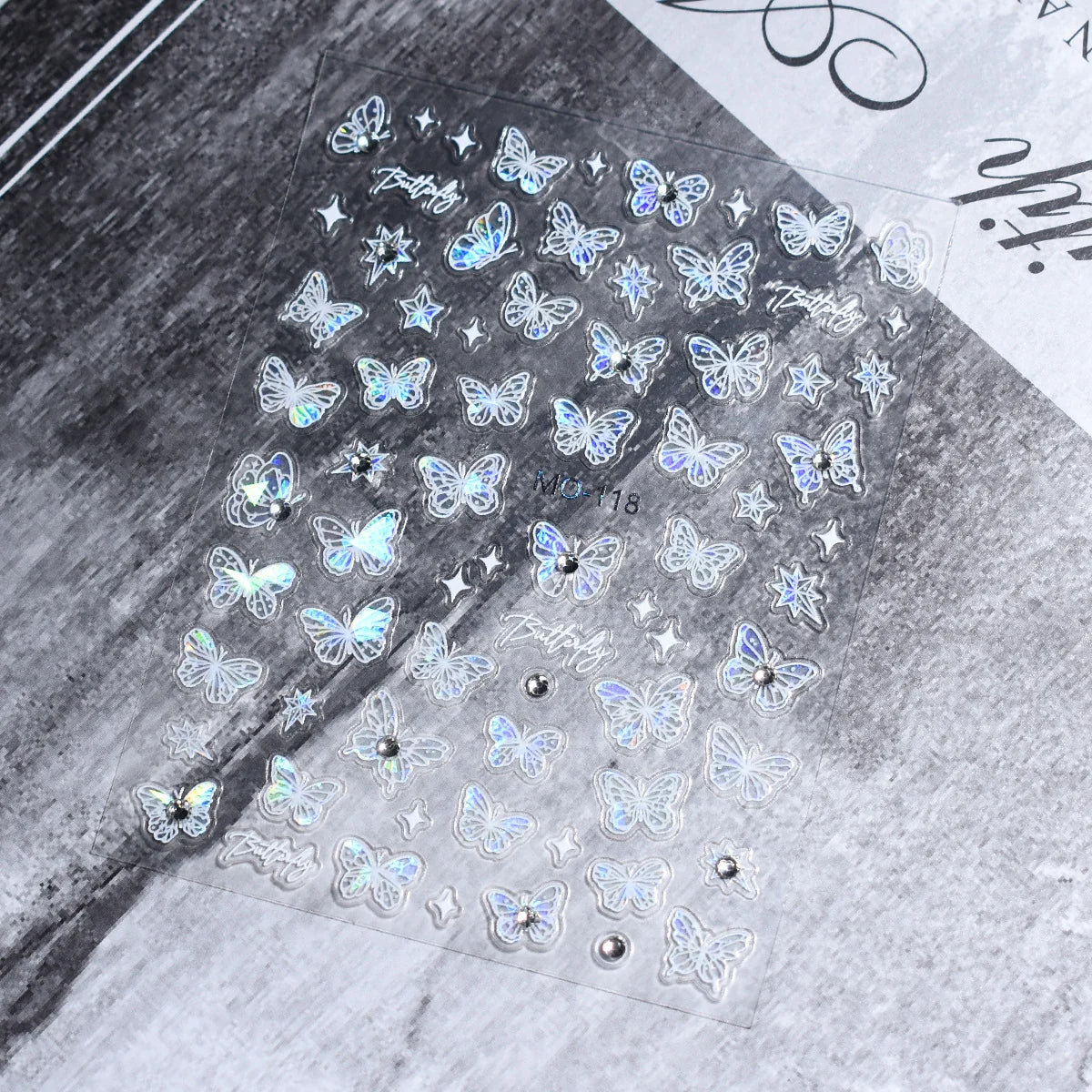5D Butterfly Nail Art Stickers MO-118 Holographic – Iridescent Star & Butterfly Decals with Rhinestones
