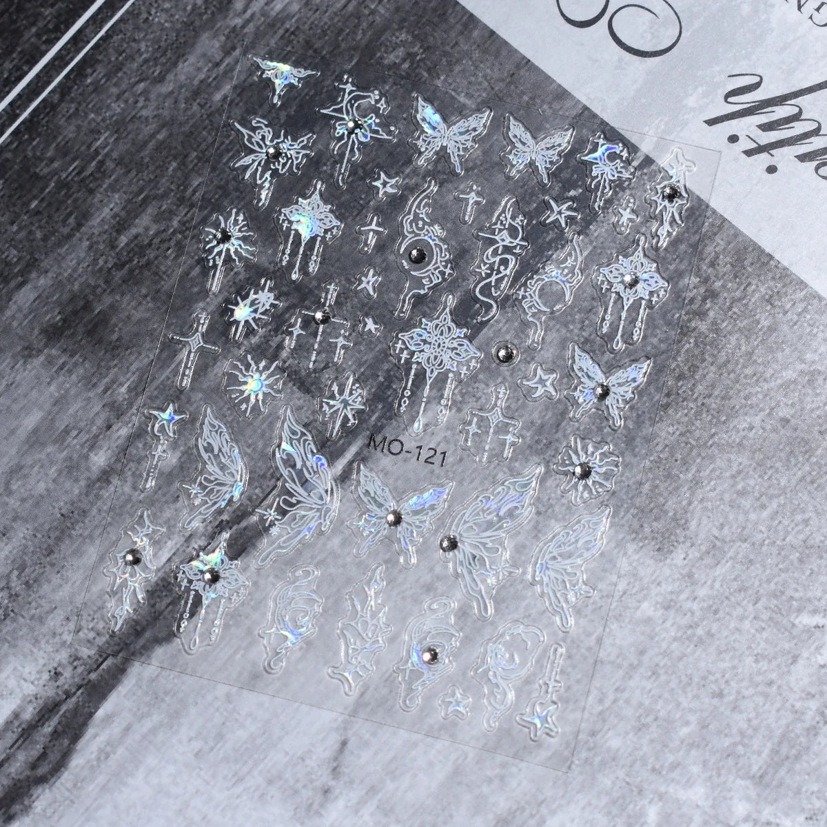 Holographic Butterfly 5D Nail Art Stickers MO-121 โ Iridescent Butterfly Decals with Rhinestones