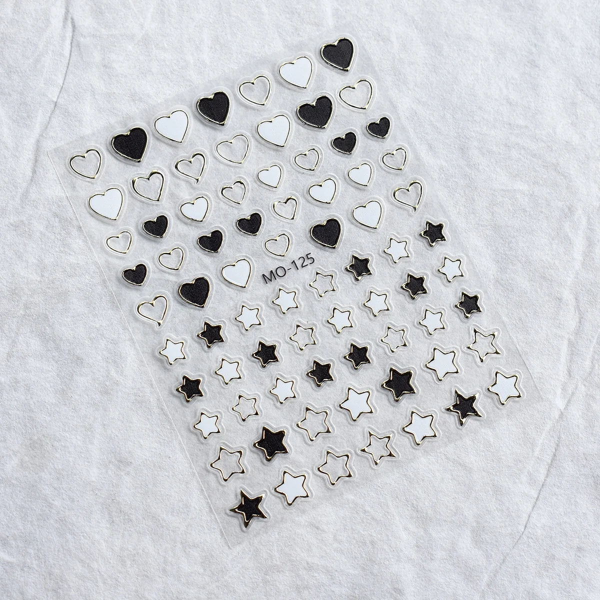 Black & White Heart & Star Nail Art Stickers MO-125 โ Monochrome Gold-Outlined Decals
