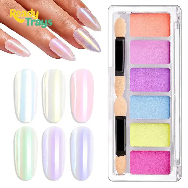 Chrome Nail Powder - 6 Color Aurora Mirror Pigment for Nail Art, Iridescent Pearl Mica Powder Glitter Kit for Gel Polish, Solid Chrome Powder for Manicure