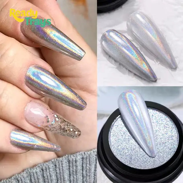 Nichole Diary Holographic Chrome Nail Powder – Rainbow Mirror Effect Laser Metallic Finish Nail Art by Born Pretty – 1g Jar for Natural and Artificial Nails
