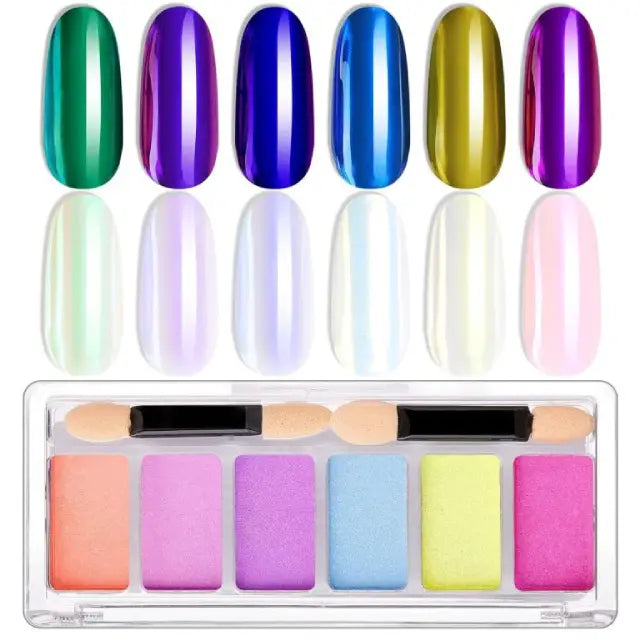 Chrome Nail Powder - 6 Color Aurora Mirror Pigment for Nail Art, Iridescent Pearl Mica Powder Glitter Kit for Gel Polish, Solid Chrome Powder for Manicure
