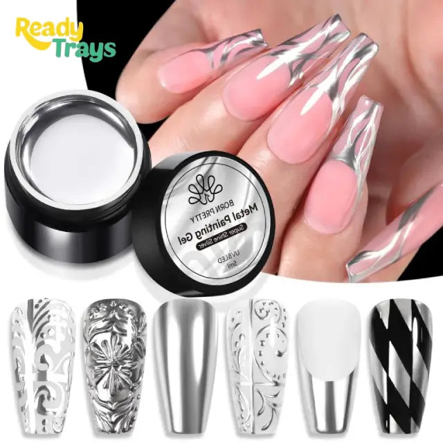 Born Pretty Metallic Painting Gel Silver Nail Polish | 3D Mirror Effect Metal Gel | Glossy Soak Off Nail Art Gel | DIY Drawing Polish | UV LED Compatible | 5ml Vanish