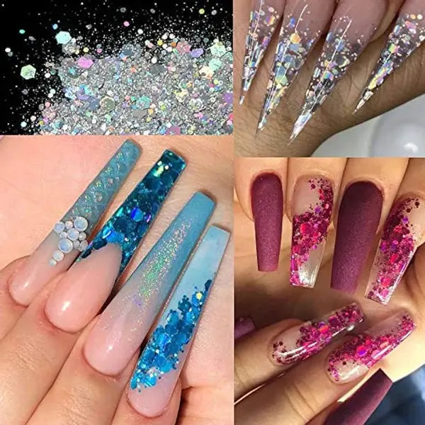 Set of 6 Shimmering Mermaid Hexagon Nail Sequins – Holographic Fish Scale Glitter for Nail Art Decoration