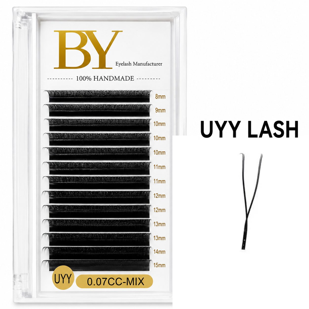 UYY Lash Extensions BY | Premium Handmade U-Curl Y-Tip Fans | 0.07mm CC Curl Mixed Tray (8-15mm) – Professional Lash Supplies