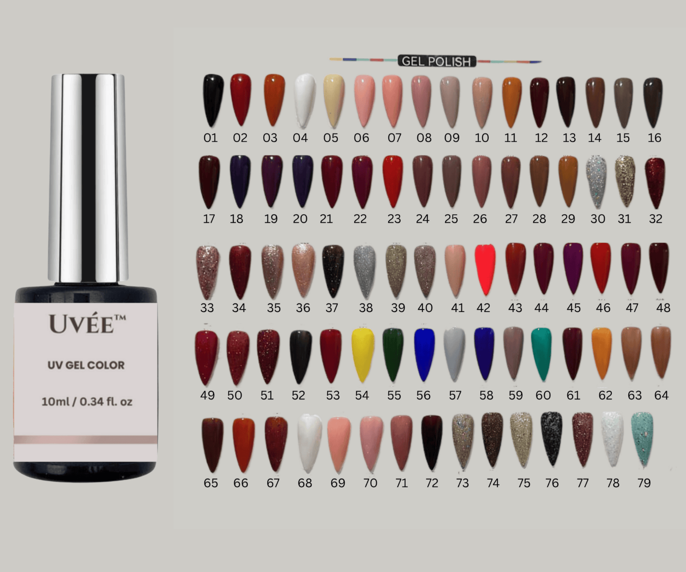 UVée™ UV Nail Gel Polish Collection – 79 Rich Colors | 10ml Premium Series Uvee Gel nail Colors