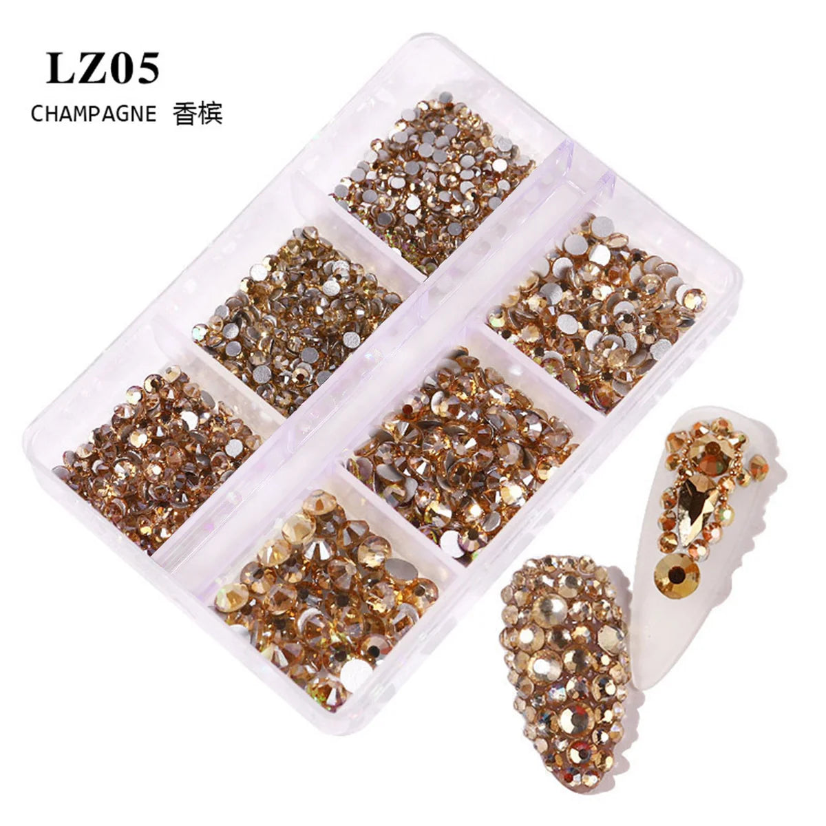 Champagne Crystal Rhinestones Wheel LZ05 | Gold Flatback Mixed Size Rhinestones | 6-Grid Nail Decoration Set – Professional Nail Supplies