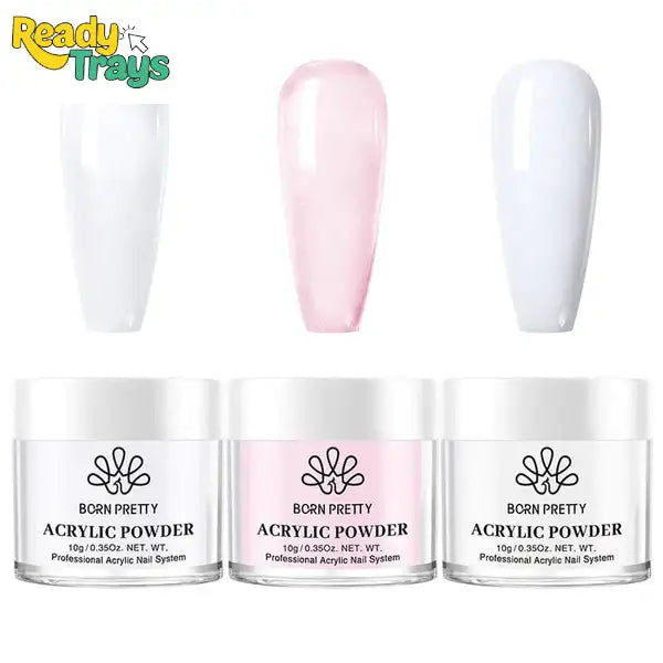 BORN PRETTY Acrylic Powder Set of 3 (10g Each) – Clear, White & Pink for Nail Extensions, Carving & DIY Nail Art
