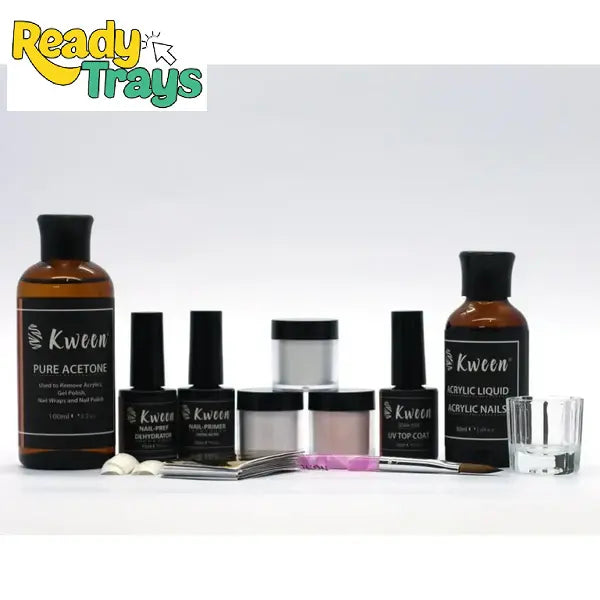 KWEEN 12 PCS Acrylic Nail Kit – Nude, Pink & White Acrylic Powder, Liquid Monomer, Primer & Dehydrator Set with Topcoat, Acrylic Brush, and Nail Forms for Nail Art & Extension