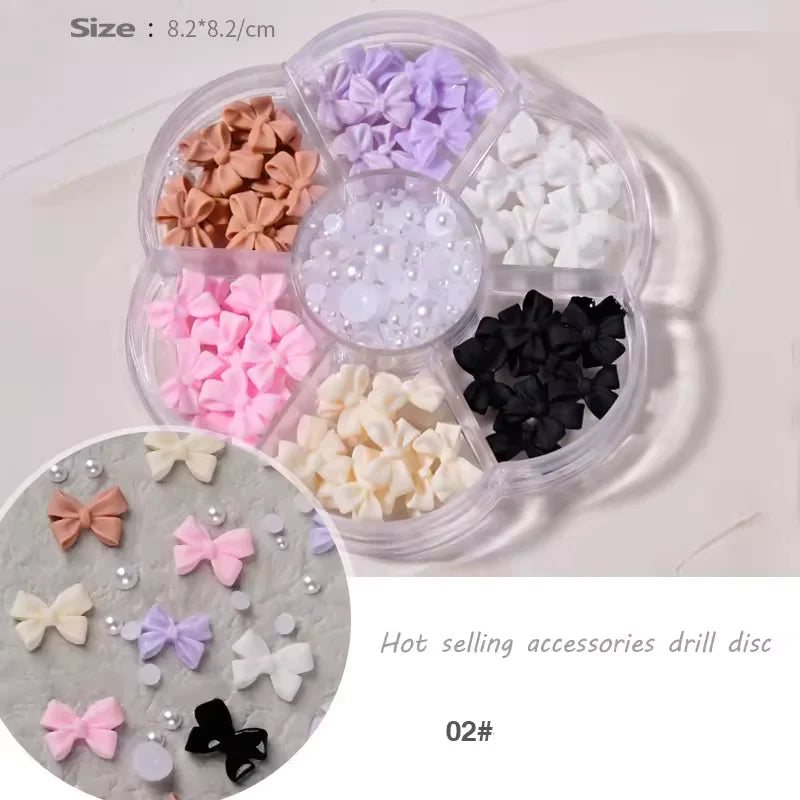 3D Bow Nail Art Charms Wheel #02 | Mixed Color Ribbon Bows & Pearls | 6-Grid Nail Decoration Set – Professional Nail Supplies
